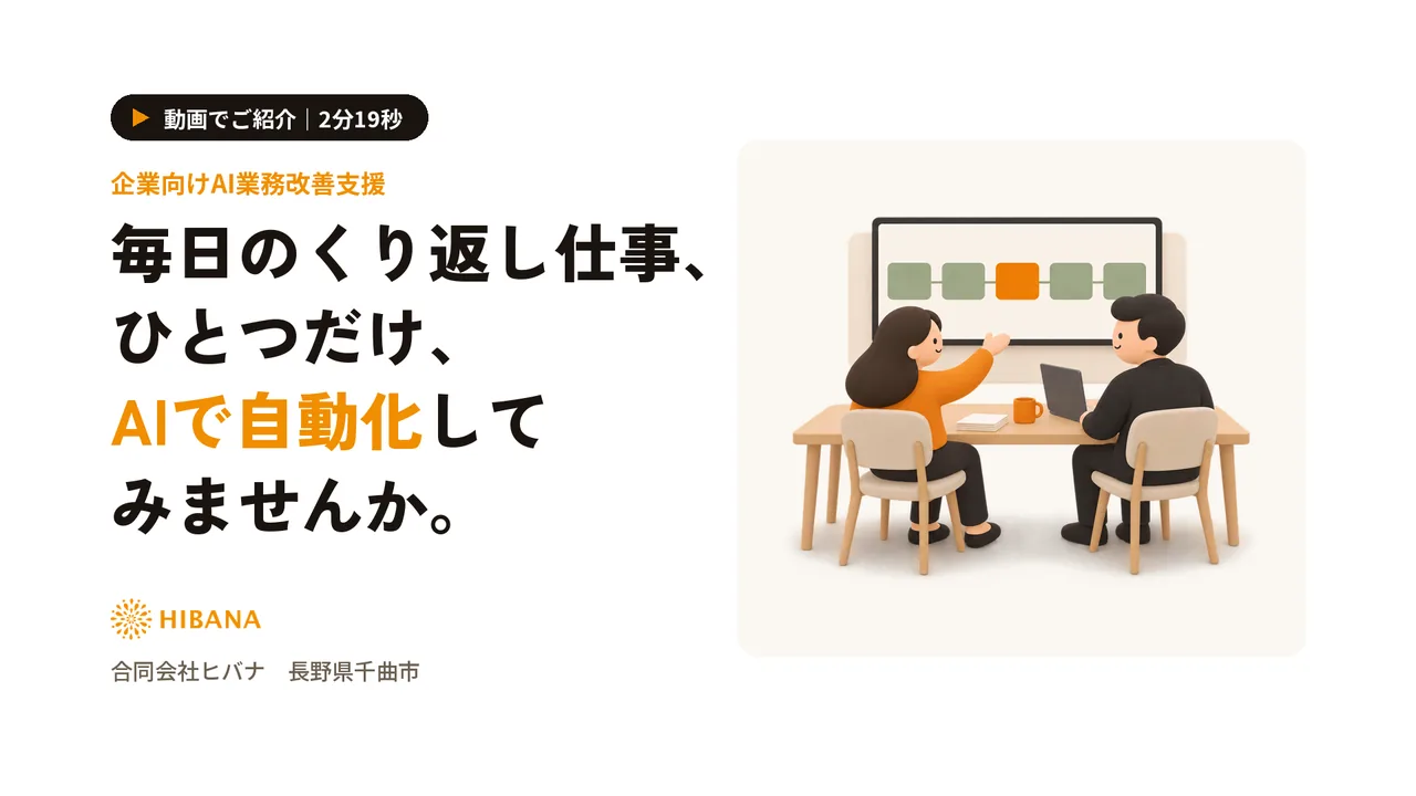 動画の表紙：毎日のくり返し仕事、ひとつだけ、AIで自動化してみませんか。企業向けAI業務改善支援・合同会社ヒバナ
